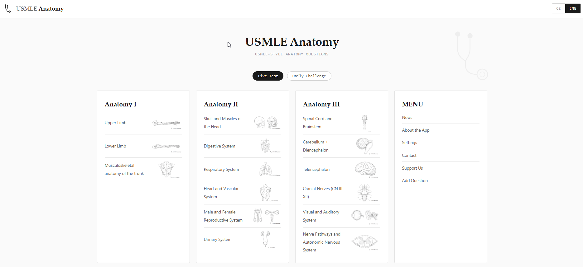 Náhled aplikace USMLE Anatomy — domovská obrazovka s přehledem kapitol